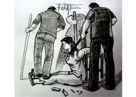 中共酷刑示意图：背铐、电击、棒打、踩踢