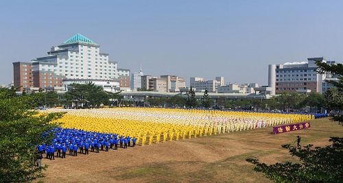 '二零一三年台湾逾六千人于台南市府前西拉雅广场排字、炼功，场面壮观震撼。'