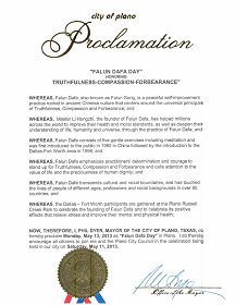 布兰诺市市长费尔.戴尔宣布五月十三日为“布兰诺市法轮大法日”。