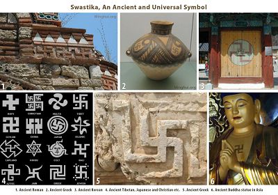 圖1：古羅馬建築上有卍字元。圖2：古希臘彩陶中有卍字元。圖3：韓國寺廟大門上的卍字元。圖4：古西藏、日本和基督教中都有這個圖案。圖5：古希臘建築上的卍字元。圖6：佛像上的卍字元。