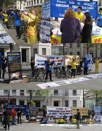 纪念“四•二五”，英国法轮功学员在伦敦市中心开展和平理性讲真相、反迫害活动。