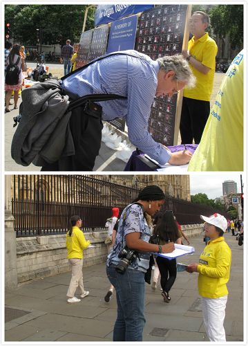 来自世界各地的旅游者在反迫害反活摘征签表上签名表达声援