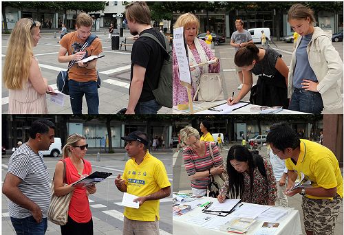 图2-4：北城广场上，学员们面对面讲真相，明白真相的人们签名谴责中共活摘法轮功学员器官。