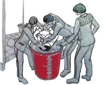 中共酷刑示意图：溺水——把人头按进厕所凉水桶里憋