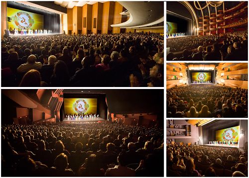 图2：神韵艺术团在南加州五城的剧院内演出，观众爆满的盛况。（上排左起）好莱坞、北岭、千橡市，（下排左起）长滩市、橙县科斯塔梅沙。