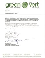 联邦绿党领袖、国会议员伊丽莎白•梅和联邦绿党副领袖、国会议员布鲁斯•海耶的联名贺信。