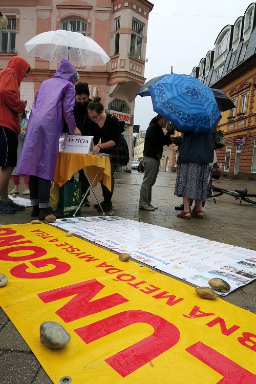 在波普拉德市，人们冒雨签名支持法轮功
