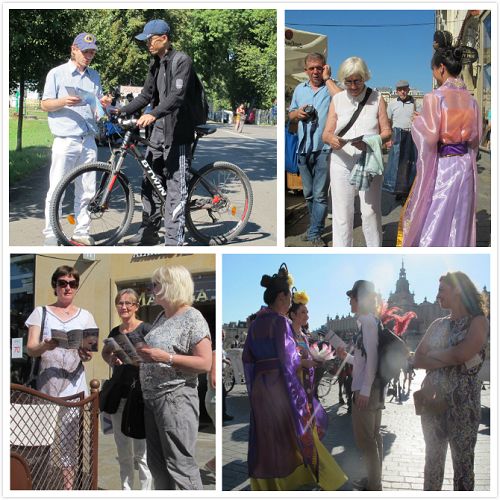 图11-12：法轮功学员们在大街小巷传递资料，和游客交谈