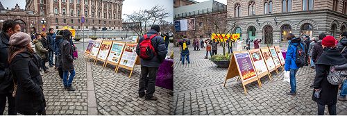 在斯德哥尔摩最热闹的皇宫旁的钱币广场（Mynttorget）上，民众观看真相展板，了解真相。