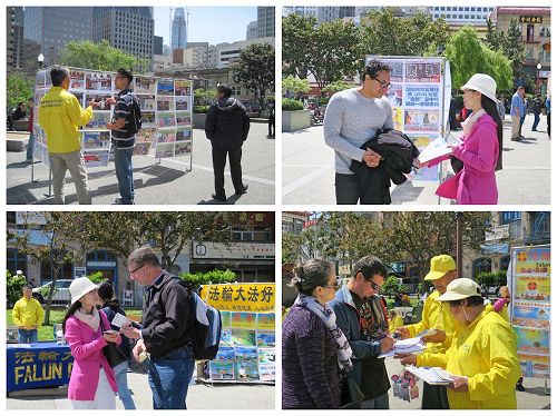 '图7～8：二零一七年四月二十二日和二十三日，旧金山湾区的法轮功学员在旧金山的中国城和多个公园和旅游景点，向当地民众和游客讲述法轮功的真相。'