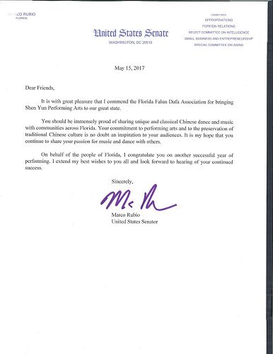 '图：佛罗里达州迈阿密的美国联邦参议员、美国国会中国问题常务委员会（Congressional-Executive Commission on China）共同主席马可·鲁比奥（Marco Rubio）给佛罗里达法轮大法协会发来贺信'
