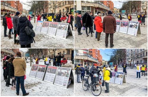 '斯德哥尔摩市中心，人们站在真相展板前仔细阅读并观看法轮功学员祥和的炼功场面。'