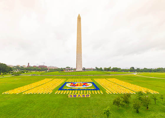 华盛顿纪念碑前 数千人排出法轮图
