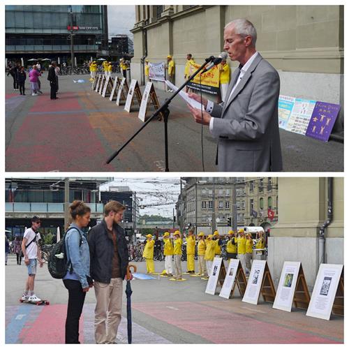 '图3：当天下午，法轮功学员来到了火车站广场设立真相展板，有的演示功法，有的征集制止迫害的签名，许多民众驻足了解。'