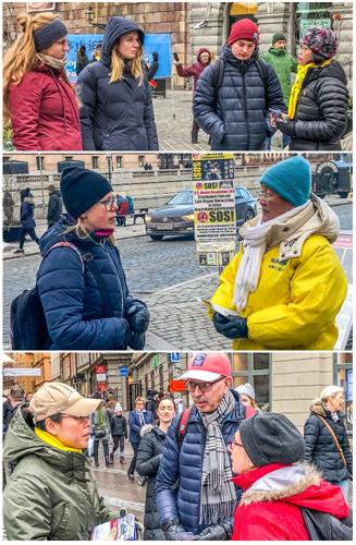 '图1～3：在瑞典首都斯德哥尔摩通往老城、最热闹皇宫旁的钱币广场上法轮功学员们的<span class='voca' kid='62'>真相</span>展位吸引众多游客了解真相'