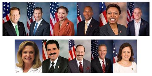 图：从左至右，从上至下，分别是纽约州第一选区国会议员李·米泽尔丁（Lee m. Zeldin），第三选区国会议员托马斯·苏瑞（Thomas R. Suozzi），第七选区国会议员纳迪亚·委拉斯开兹（Nadia M. Velazquez），第八选区国会议员杰弗里斯（Hakeem Jeffries），第九区国会议员伊薇特·克拉克 (Yvette Clarke) ，第十一区国会议员马克斯·罗斯(Max Rose)，第十二选区国会议员卡罗琳·马洛尼（Carolyn B. Maloeny），第十五选区国会议员国会议员何塞·塞拉诺（Jose E. Serrano），第十六选区国会议员艾略特·恩格尔（Eliot Engel），第十八选区国会议员肖恩·帕特里克·马洛尼（Sean Patrick Maloney），第二十一选区国会议员爱丽丝·斯特凡尼克（Elise M. Stefanik）