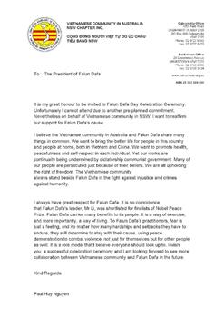 '图4：越南社区澳大利亚新州主席保罗·阮先生（Paul Huy Nguyen）给法轮大法学会澳洲会长的贺信'