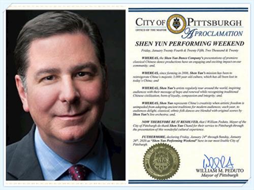 '图11：匹兹堡市长威廉·佩杜托（William Peduto）给神韵艺术团发来褒奖，欢迎和感谢神韵的到来。'