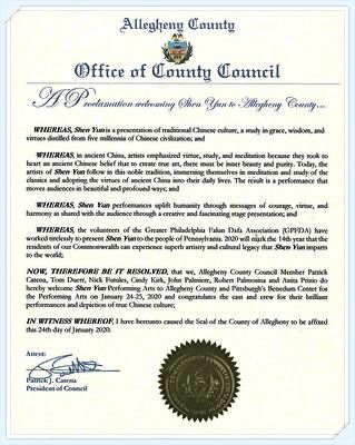 '图13：美国阿勒格尼郡议会给神韵艺术团的贺信。'