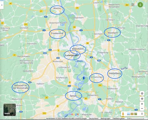 '图1：今年自七月以来，法轮功学员每个周六都到莱茵-内卡地区（Metropolregion Rhein-Neckar）地区九座城市（如上图所标示）举办信息日活动。'