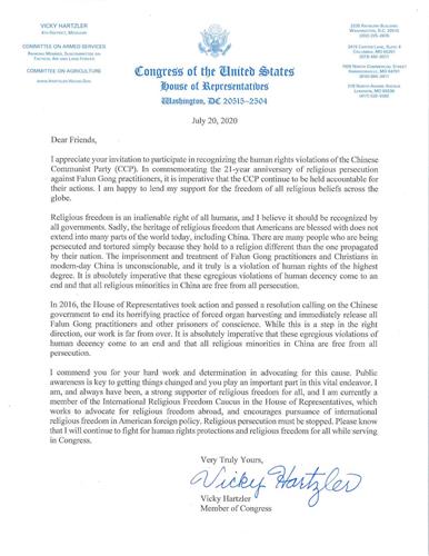 '图9：密苏里州国会众议员维琪‧哈茨勒（Vicky Hartzler）写给法轮功学员的声援信。'