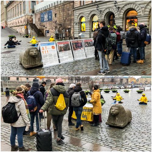 '图1：二零二一年一月二日，法轮功学员在通往瑞典皇宫的钱币广场向世人介绍法轮大法“真善忍”的修炼原则，揭露中共谎言。'