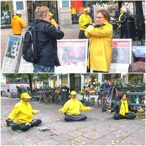 '图1：二零二一年十月一日下午，法轮功学员在斯德哥尔摩市中心附近的公共广场（Stureplan）举办讲真相活动，展示功法并征集反迫害签名。'