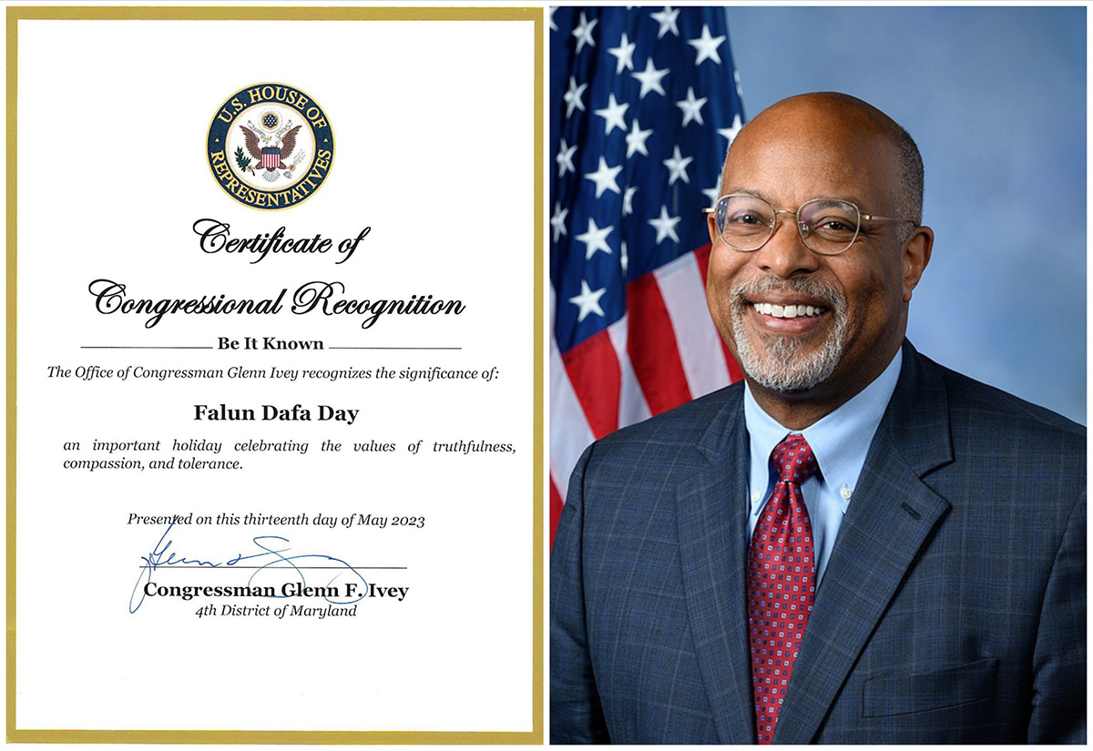 图9：美国联邦众议员格兰·艾维（Glenn F.Ivey）颁发国会褒奖证书，认可法轮大法日的重要意义。