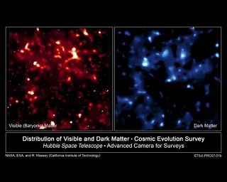 可见物质和暗物质在宇宙中的分布。（NASA）