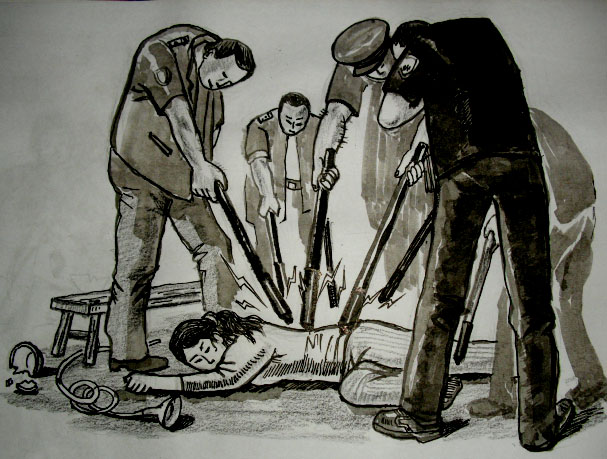 Çin Komünist Partisi'nin işkencesinin şematik diyagramı: çoklu elektrik copları