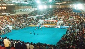 '一九九八年在广州天河体育馆召开的心得交流会，有上万名法轮功学员参加'