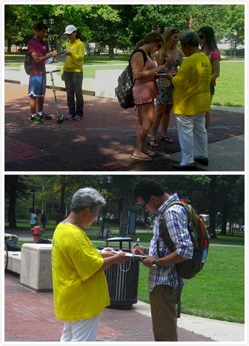 '密西根大学的学生们驻足了解真相并签名支持反迫害'