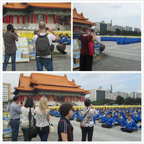 图1：各国游客纷纷将排字的殊胜画面以及学员集体大炼功的场面拍照留念。