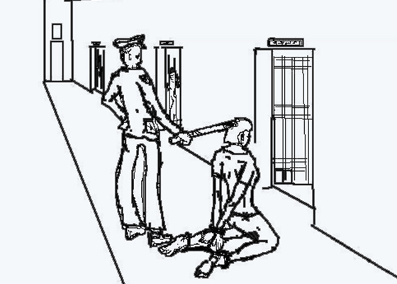 中共酷刑示意图：“背穿”——将人双手背铐、双膝下跪、双脚戴脚镣，同时将手铐、脚镣用铁丝最短距离串起来
