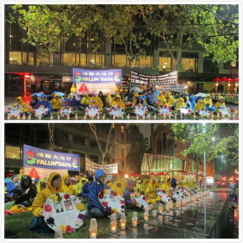 墨尔本法轮功学员冒雨在市中心城市广场举行烛光守夜活动