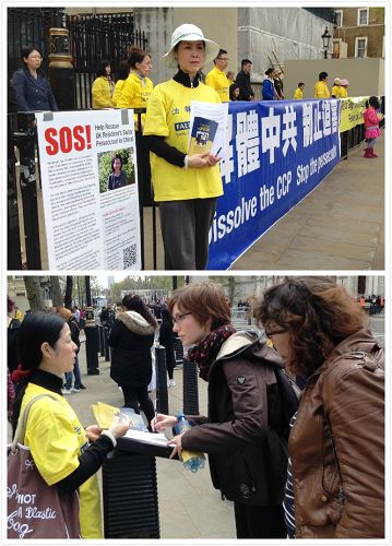 图2：英国法轮功学员陈蕾站在印有姐姐照片的紧急营救信息展板前，很多路人毫不犹豫的在呼吁关注和紧急营救的征签表上签名