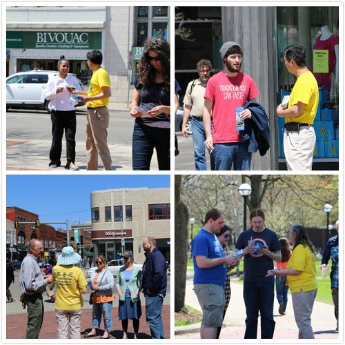 在密西根大学的主校园里，法轮功学员们面对面向民众传播真相