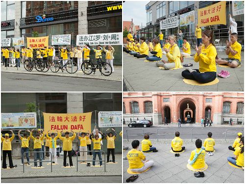 柏林当地的法轮功学员在市政厅车辆进出的路口举行和平抗议活动