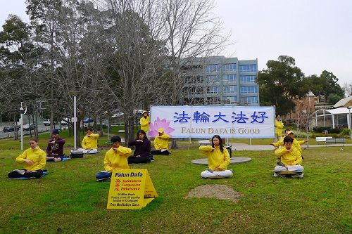 图1：七月二十二日，部分悉尼的法轮功学员来到戈斯福德市（Gosford）市中心的克伯公园，传播法轮功的真相。