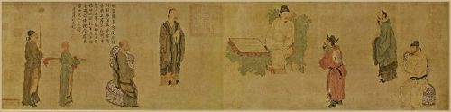 图1：周文矩所画《明皇会棋图》描绘的是唐明皇下棋。画上，被赐座的只有一位高僧和一位大臣，其他人都站立，表现了皇帝对高僧的敬重、和古代社会信神敬佛的社会常态。