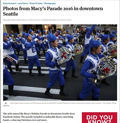 '图6：西雅图最大报纸《西雅图时报》在当天游行的报道中，刊登了天国乐团的照片。'