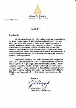 图6：德拉华州美国国会众议员约翰•卡尼（John Carney）祝贺法轮大法日。