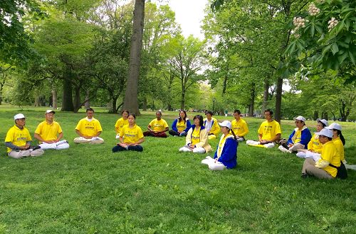 图1：曼哈顿的公园里，法轮功学员分成小组在公园各个角落里演示功法