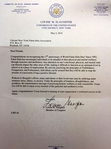 图10：纽约州第二十五选区国会议员Louise Slaughter为“世界法轮大法日”发来贺信
