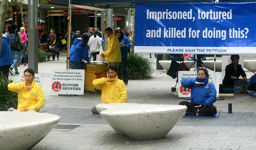 图1：二零一六年六月十一日，西澳部分法轮功学员在珀斯市中心步行街设立真相点，展示法轮大法五套功法，传播法轮功的真相。