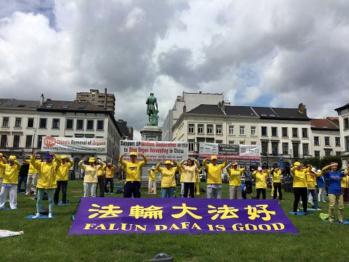 法轮功学员在欧盟布鲁塞尔总部门前广场上举行和平请愿活动