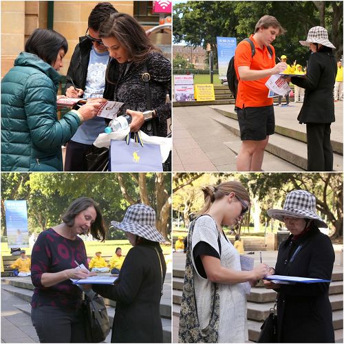 '图 1、2：悉尼法轮功学员在市中心海德公园的主要入口处展开明信片征签活动'