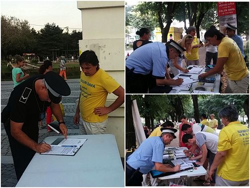 各地公园征签活动中，警察们驻足签名支持反迫害