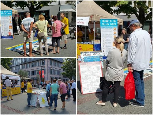 图1-3：搭建在市中心广场的反迫害征签台前，整日都是川流不息的人群驻足了解真相，或观看学员们的功法展示