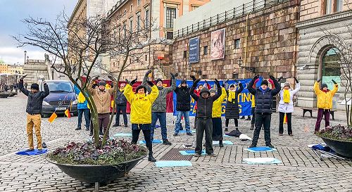 '图1：十一月二十五日中午，来自瑞典各地的法轮功学员集聚在位于瑞典国会大厦和皇宫之间的钱币广场上，举办了揭露中共迫害、讲真相活动。'